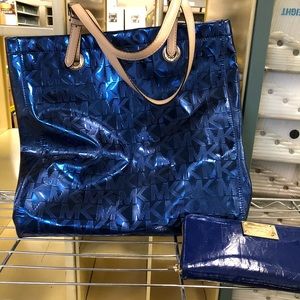 Micheal kors metallic blue handbag and wallet